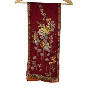 Vtg Oscar de la Renta Silk 44x10 Scarf Maroon Floral Pattern Fringed Edges Japan